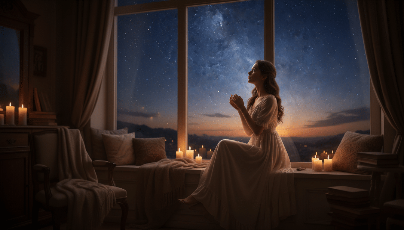 Femme contemplant le ciel étoilé à la lueur dorée