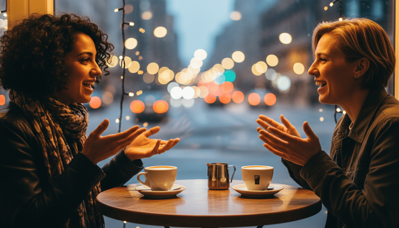 Deux personnes en conversation animée dans un café