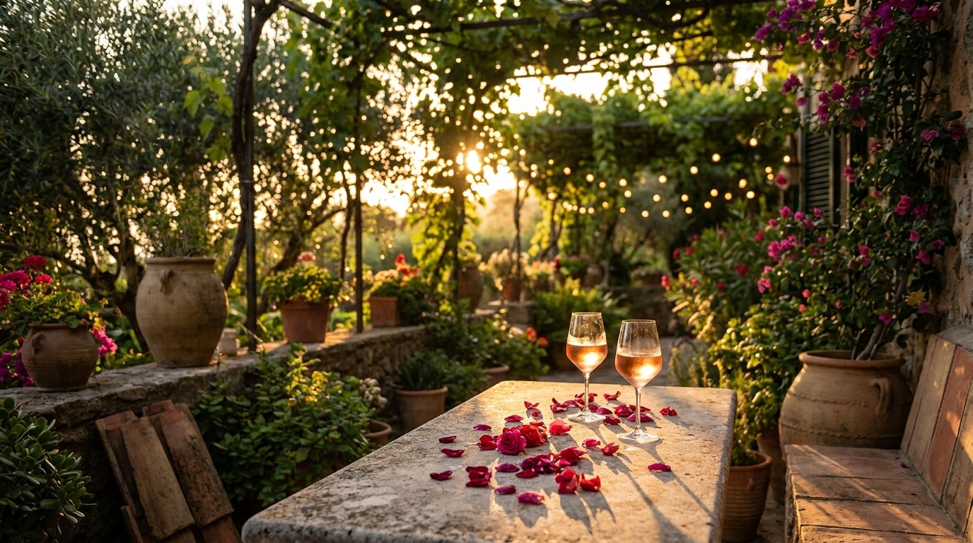 Terrasse estivale romantique avec pétales de roses et verres de vin au crépuscule