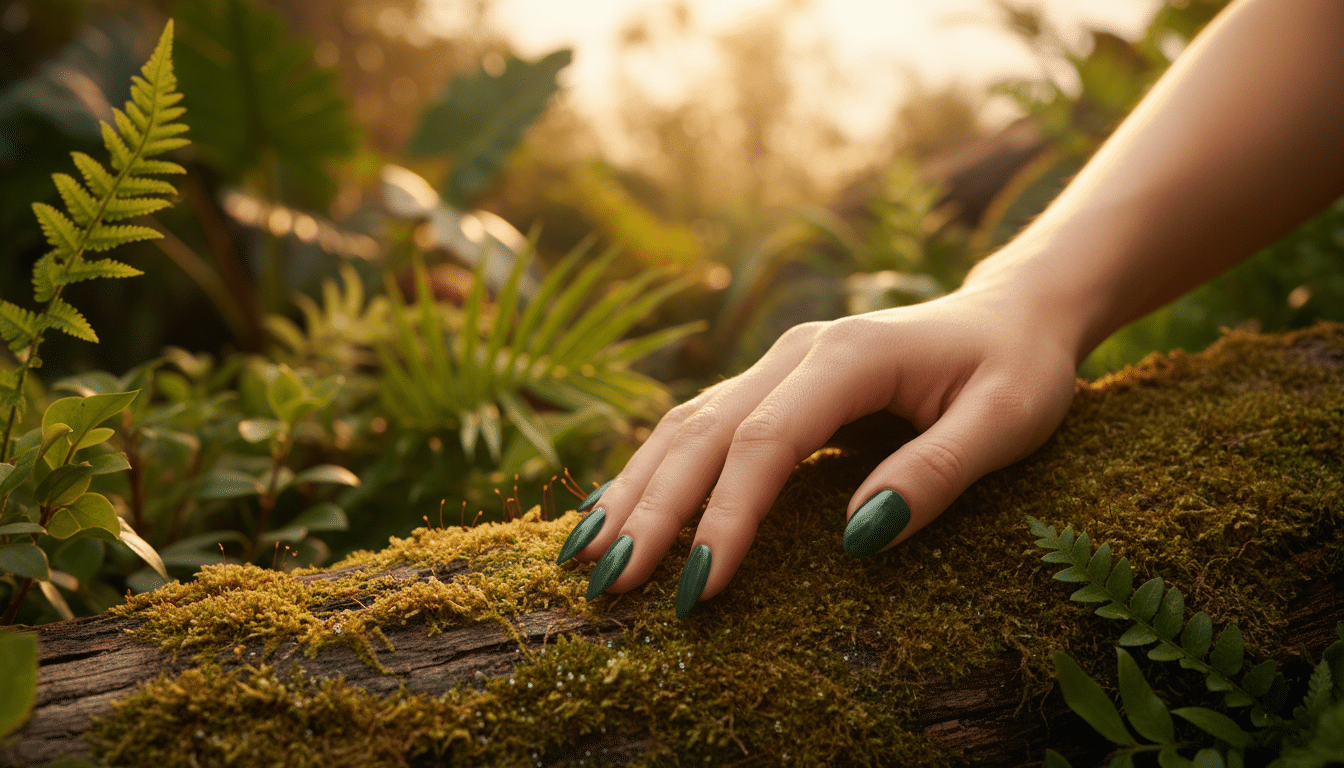 Vernis vert forêt sur une main posée dans la nature