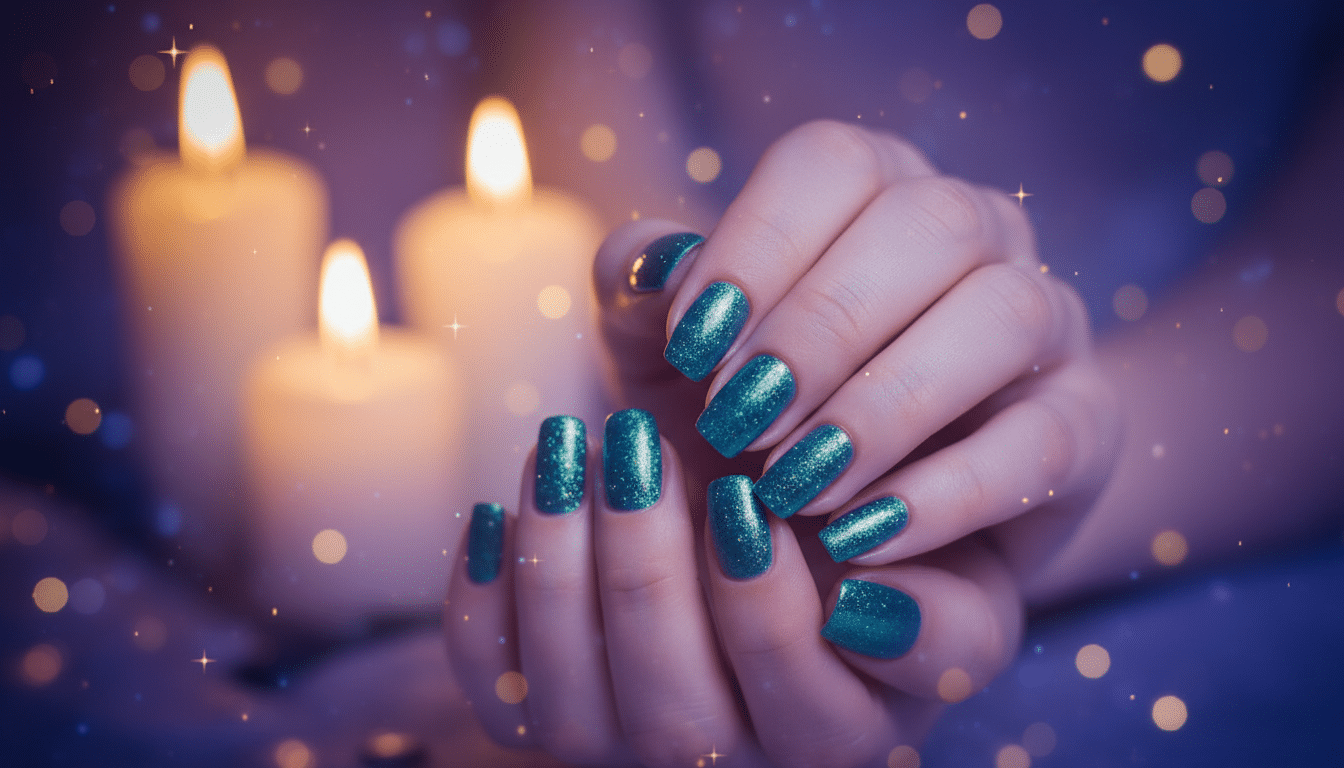 Vernis bleu aquamarine pailleté dans une ambiance mystique