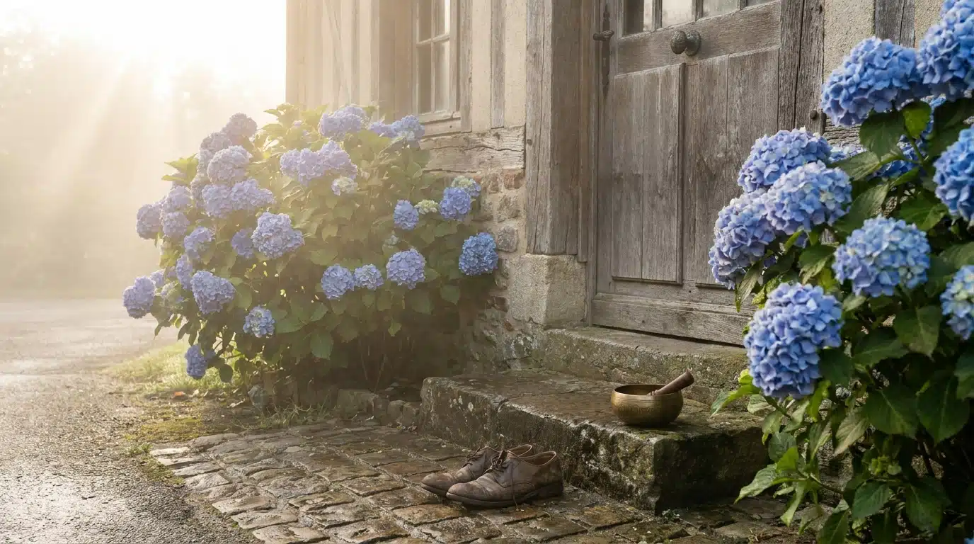 Seuil d'une maison normande avec bol tibétain et hortensias