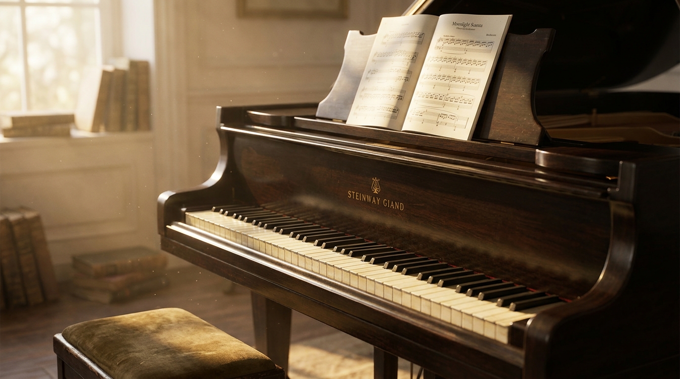Piano à queue ouvert avec partition sous lumière tamisée