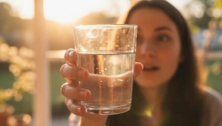 Verre d'eau tenu à la lumière du matin