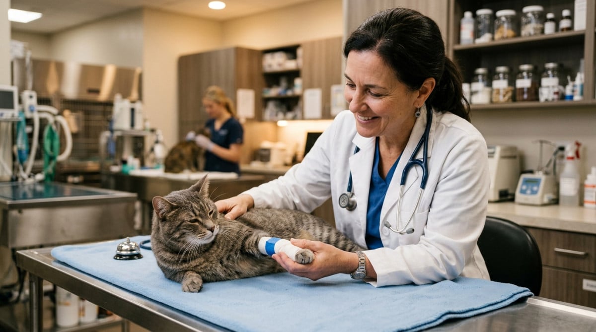 Vétérinaire examinant un chat blessé qui ronronne malgré la douleur