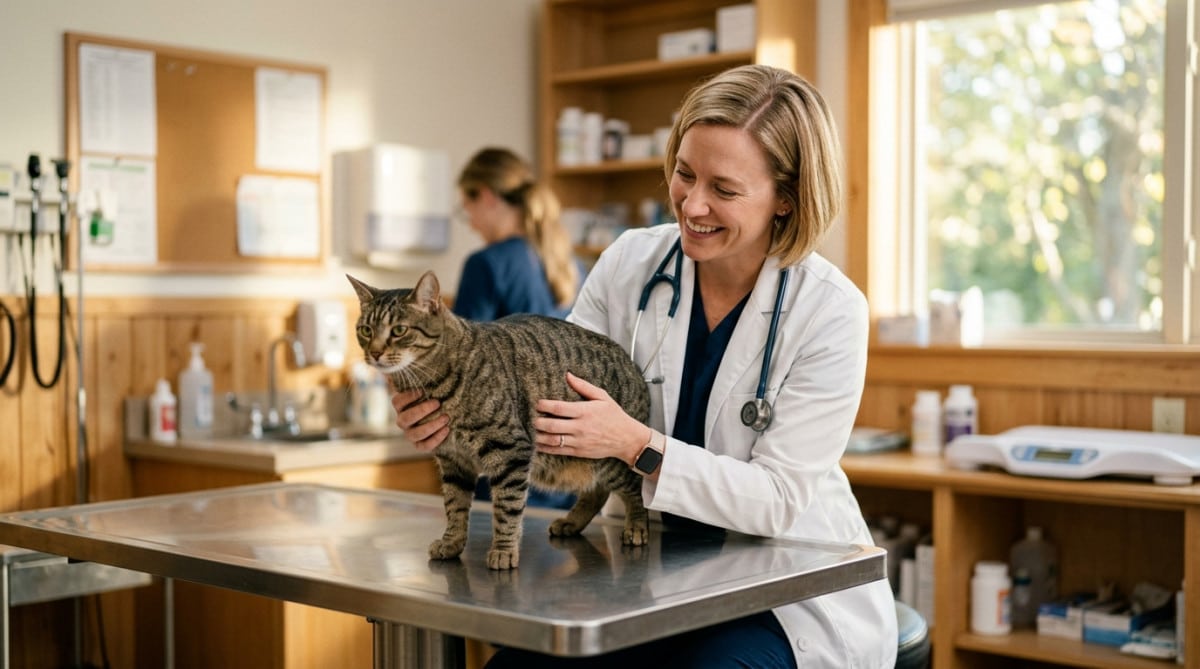 Vétérinaire examinant un chat en bonne santé dans une clinique