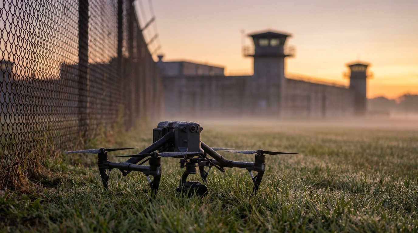 Drone posé dans l'herbe devant une clôture de prison à l'aube