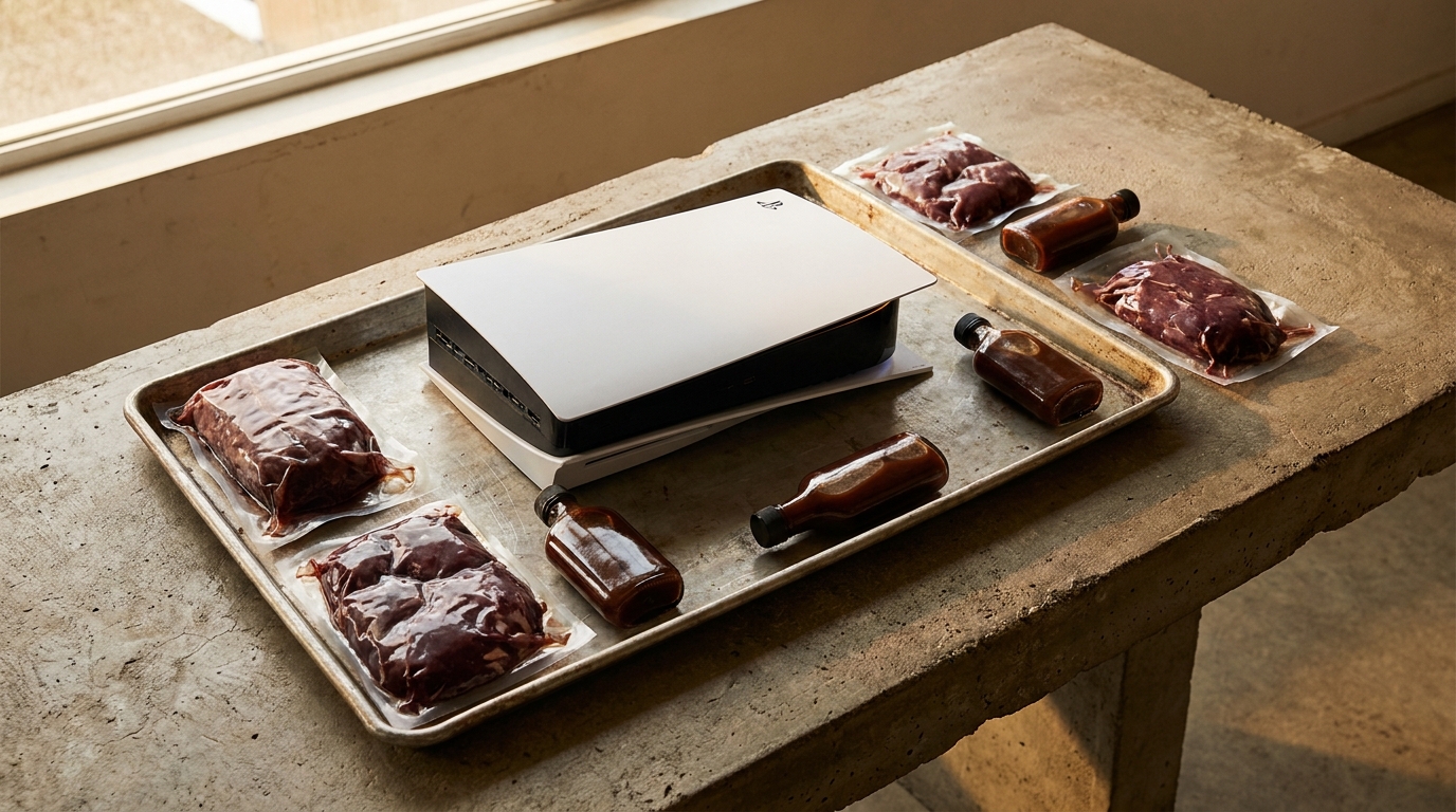 Console PS5 et paquets de viande sur une table en béton