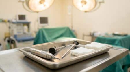 Instruments chirurgicaux ORL posés sur un plateau stérile en bloc opératoire