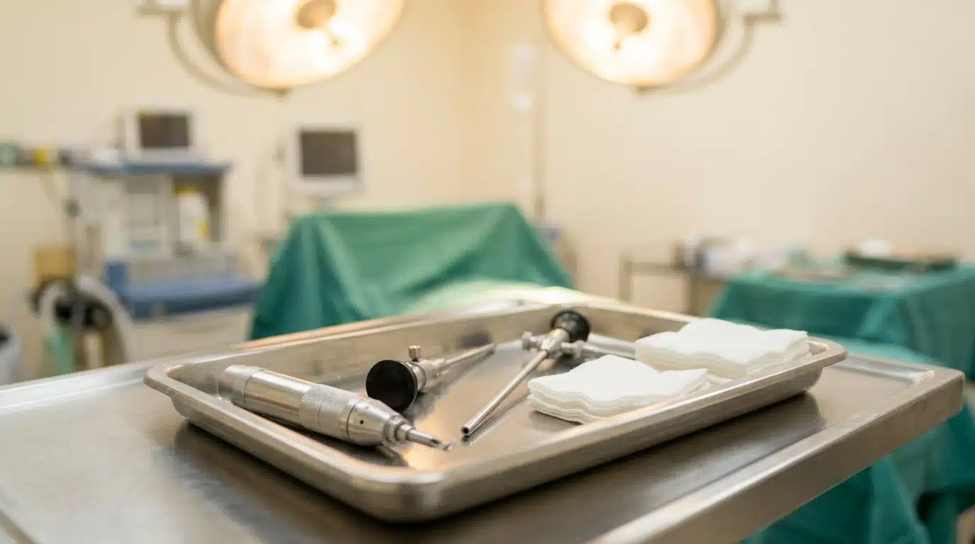 Instruments chirurgicaux ORL posés sur un plateau stérile en bloc opératoire