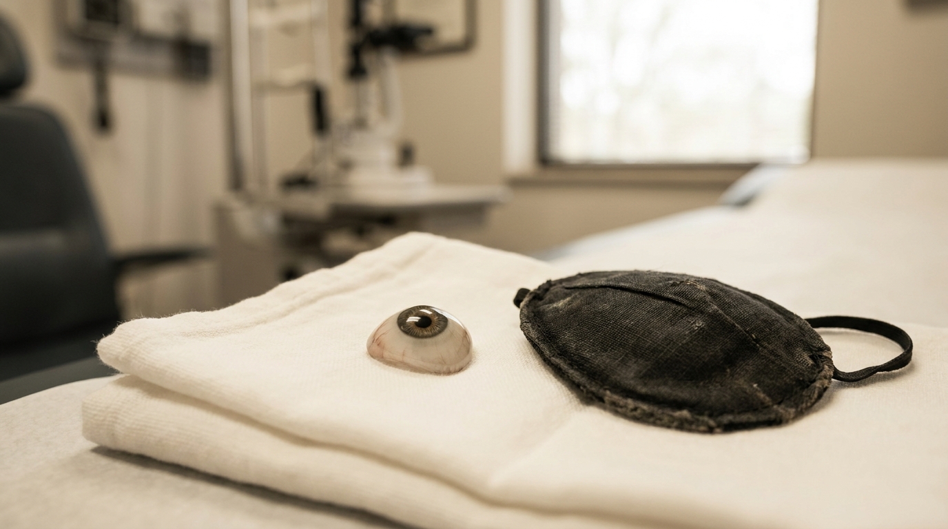 Prothèse oculaire et cache-œil posés sur un tissu médical blanc