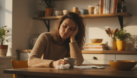 Femme épuisée assise à une table de cuisine