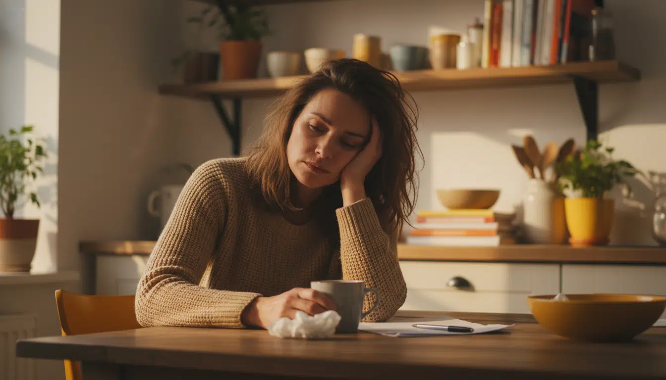 Femme épuisée assise à une table de cuisine