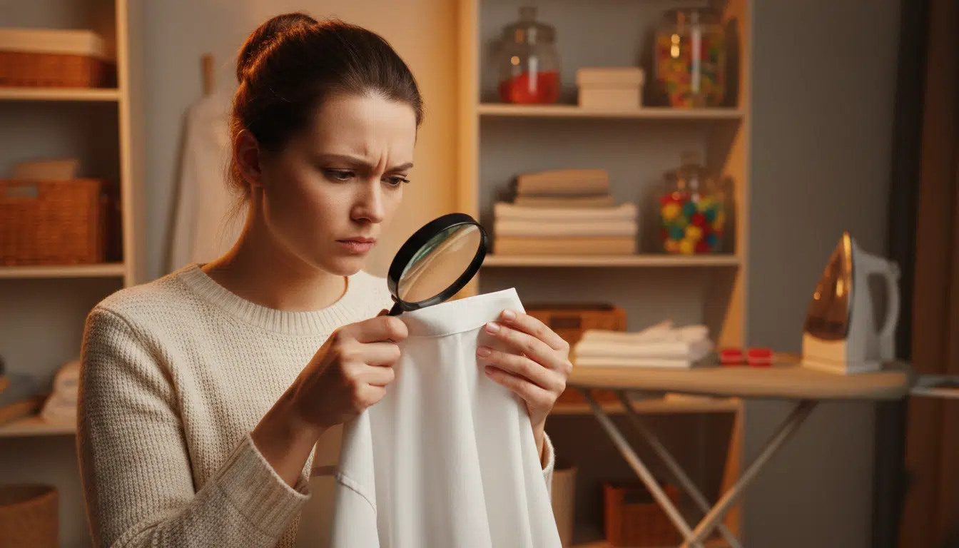 Femme méticuleuse examinant un détail sur un vêtement