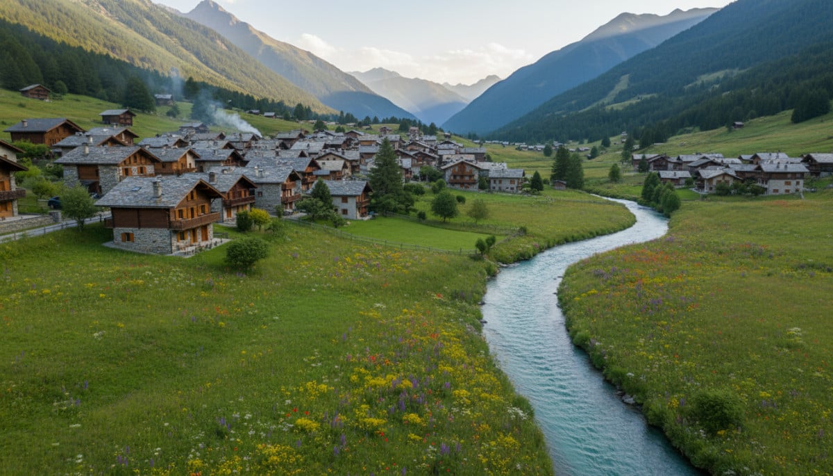 Village de Savoie entouré de prairies alpines