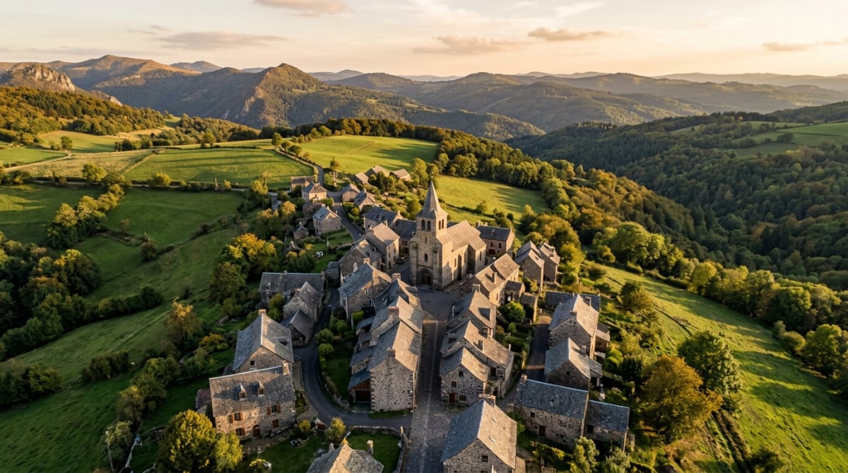 Village dépeuplé dans la campagne auvergnate vu du ciel
