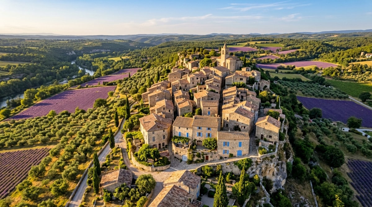Village provençal aux volets fermés en été