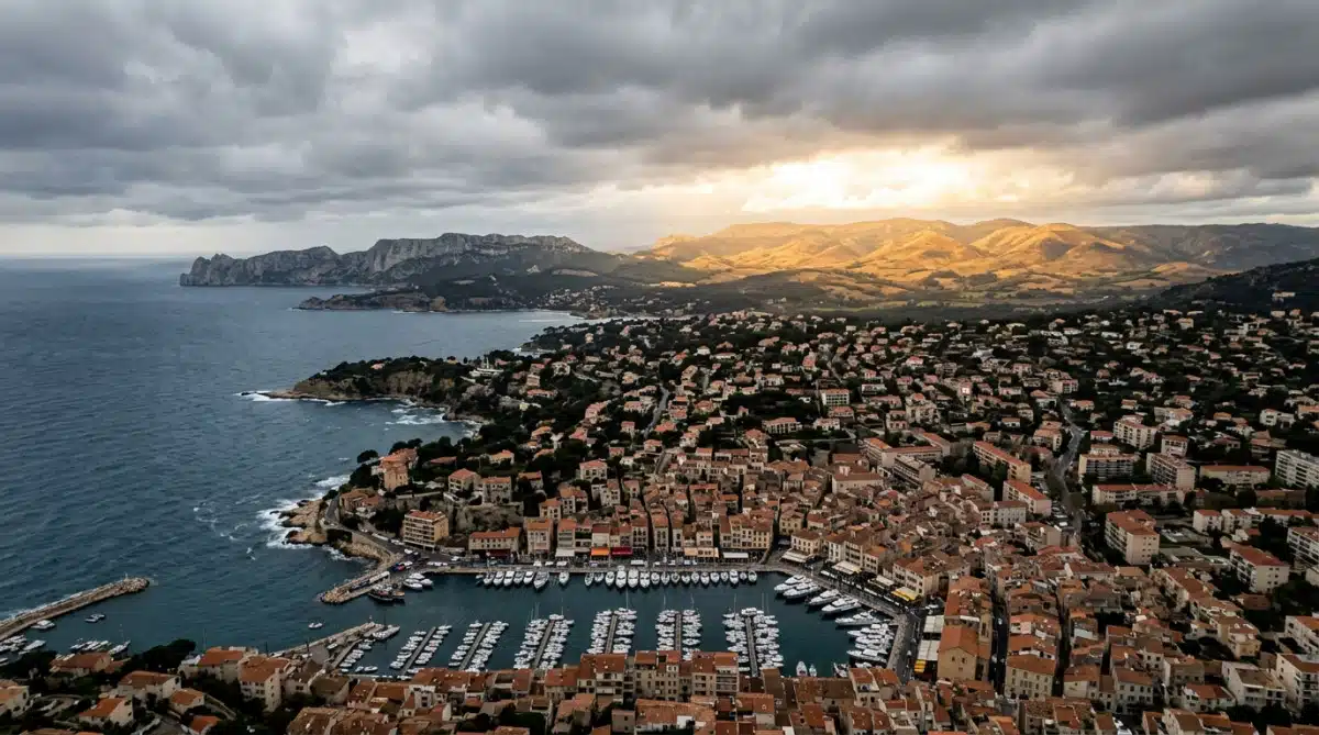 Ville côtière méditerranéenne sous un ciel couvert contrastant avec le soleil intérieur