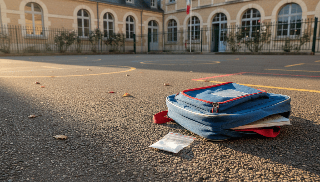 Sachet de poudre blanche dans une cour d'école élémentaire