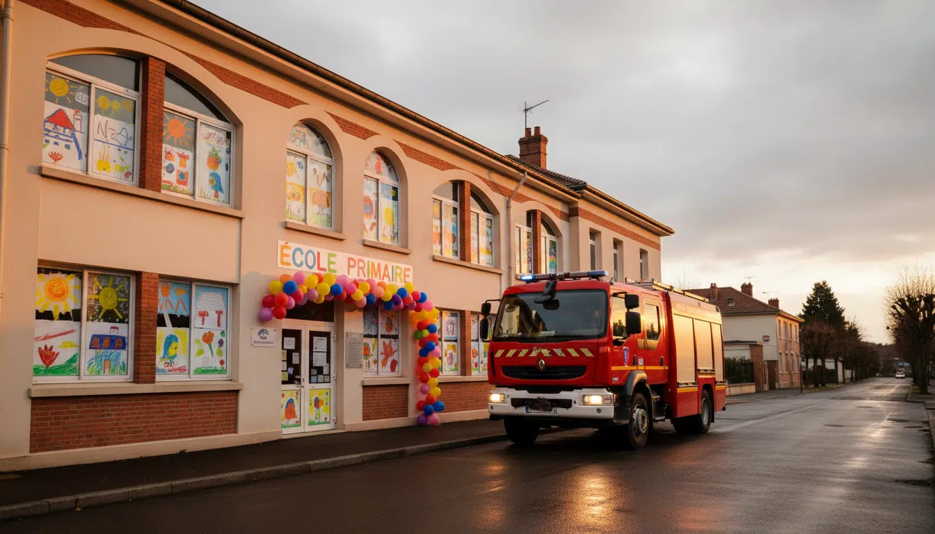 Camion de pompiers devant une école primaire française