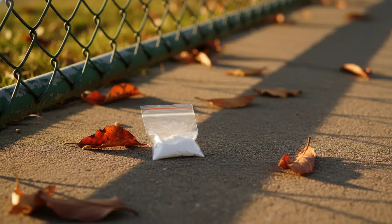 Sachet de drogue sur un trottoir près d'une clôture d'école