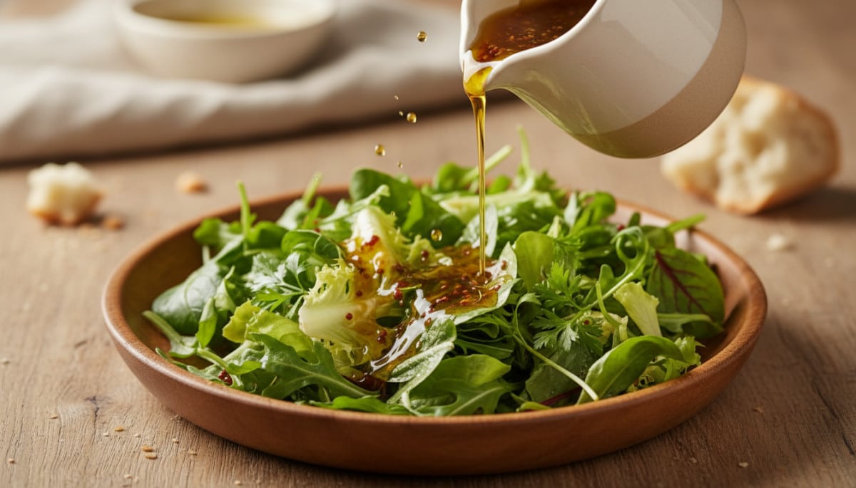Vinaigrette française versée sur une salade verte