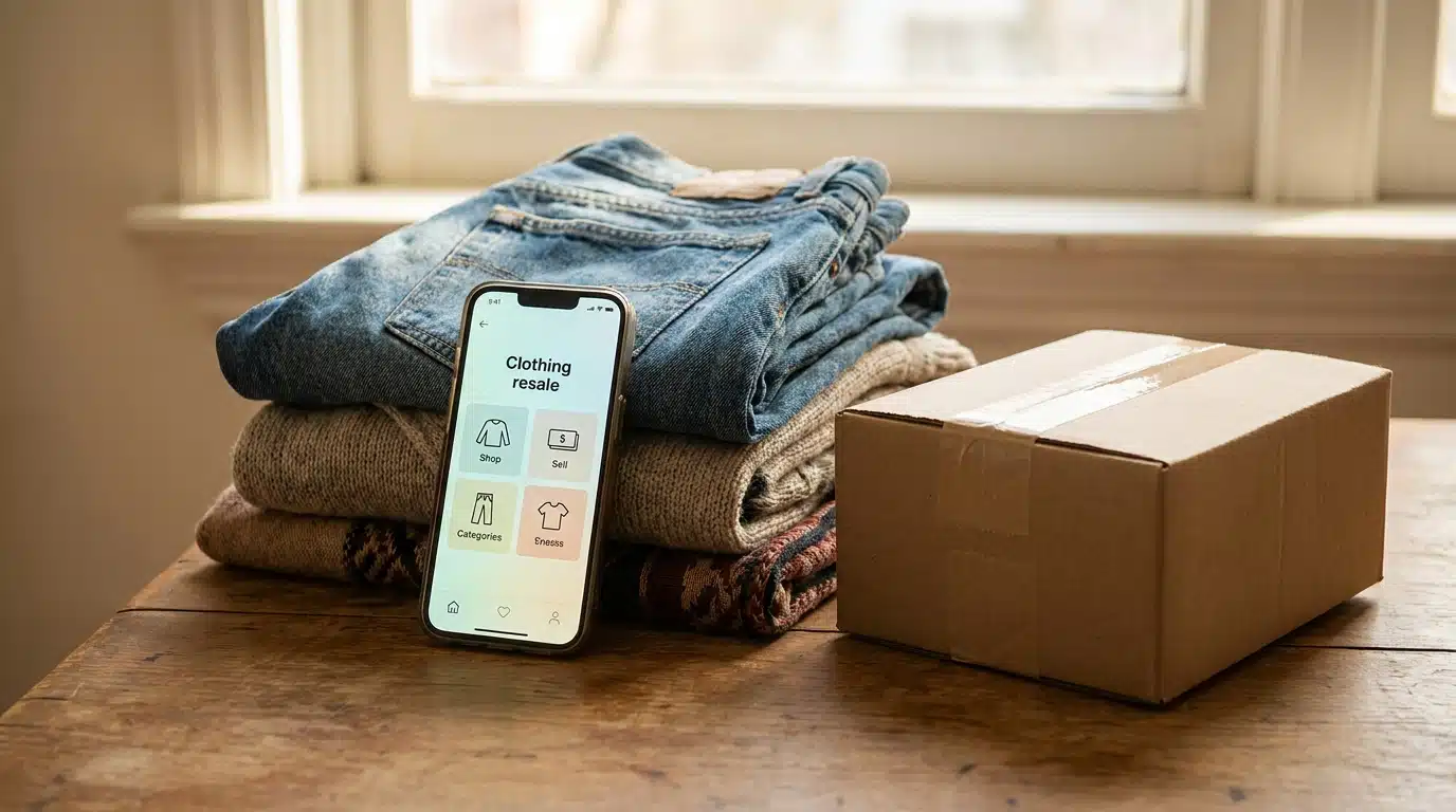 Smartphone affichant une application de revente posé près de vêtements pliés