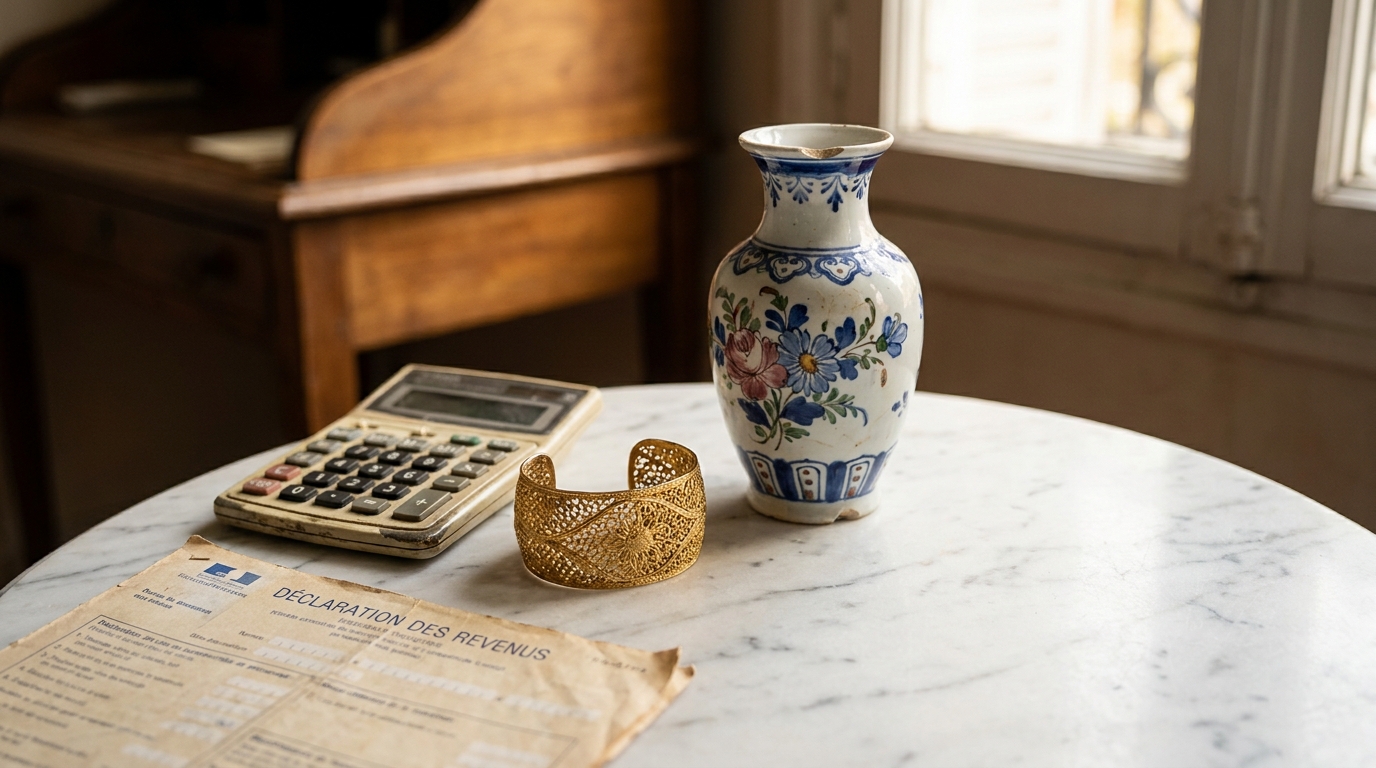 Bijou ancien et vase sur marbre à côté d'une calculatrice