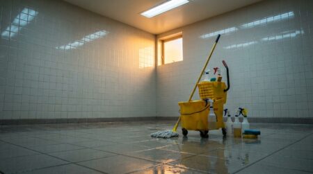 Matériel de nettoyage dans une douche de bureau à l'aube