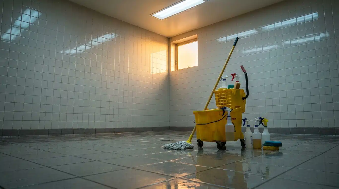 Matériel de nettoyage dans une douche de bureau à l'aube