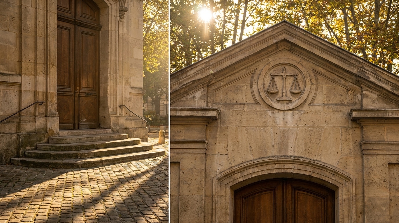Façade d'un palais de justice français au soleil du matin