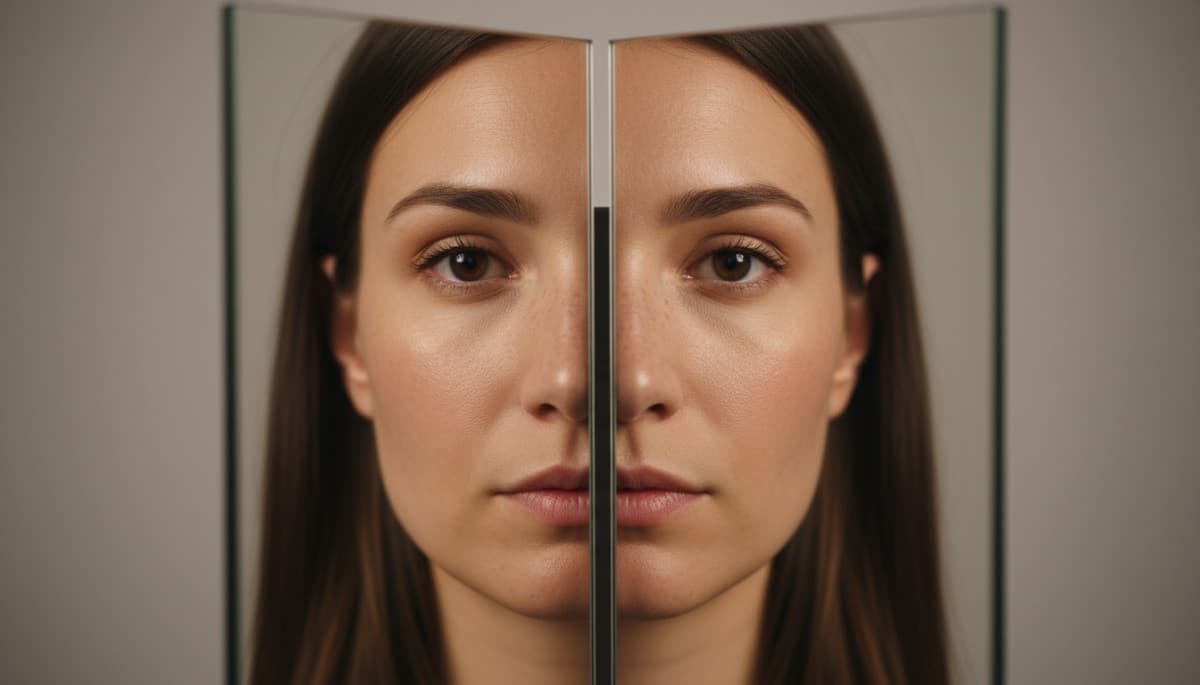 Visage humain reflété dans deux miroirs perpendiculaires
