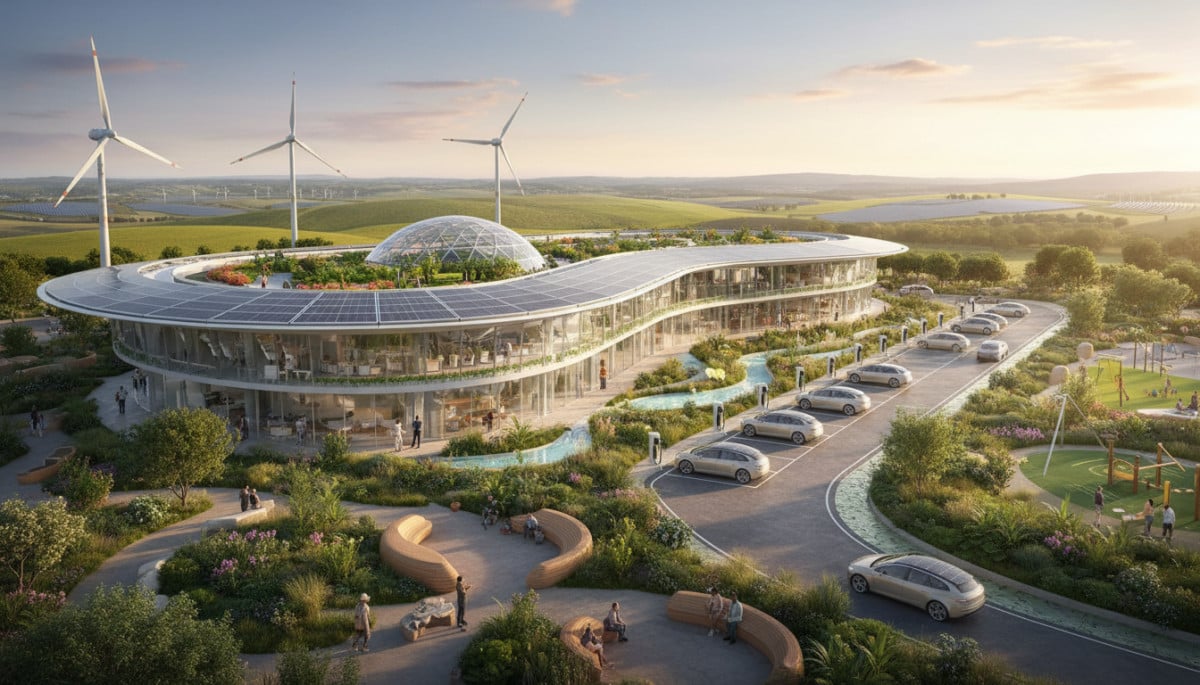 Vision futuriste d'une aire d'autoroute autonome et écologique.