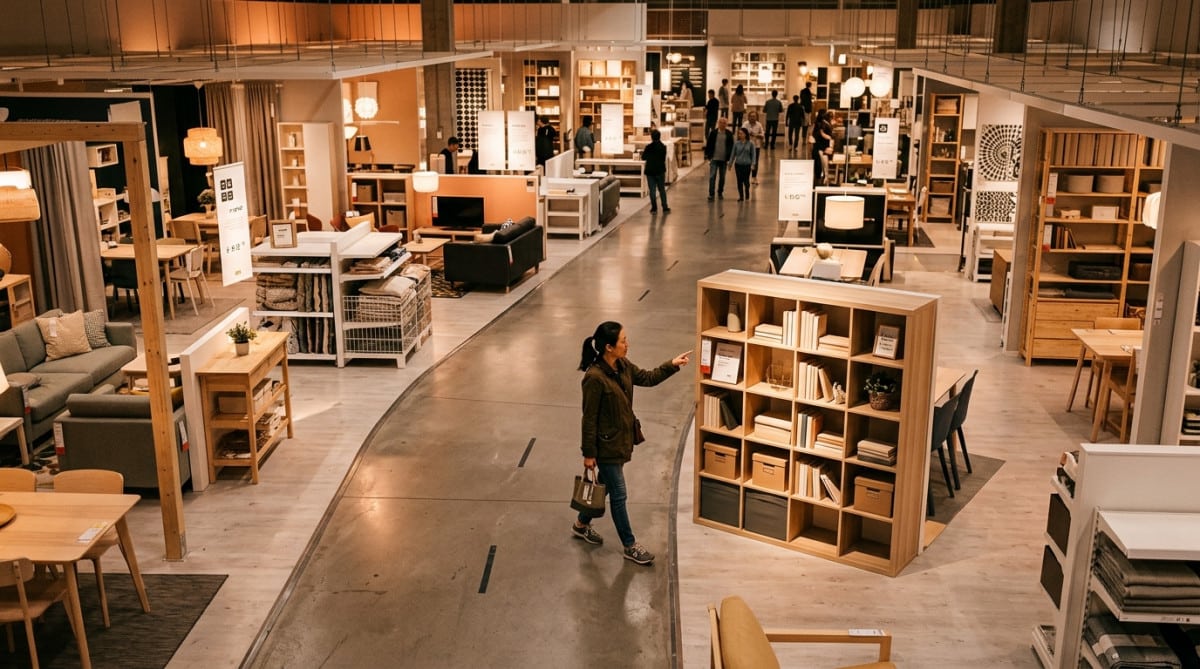 Visiteur curieux devant les étiquettes de meubles dans un magasin IKEA