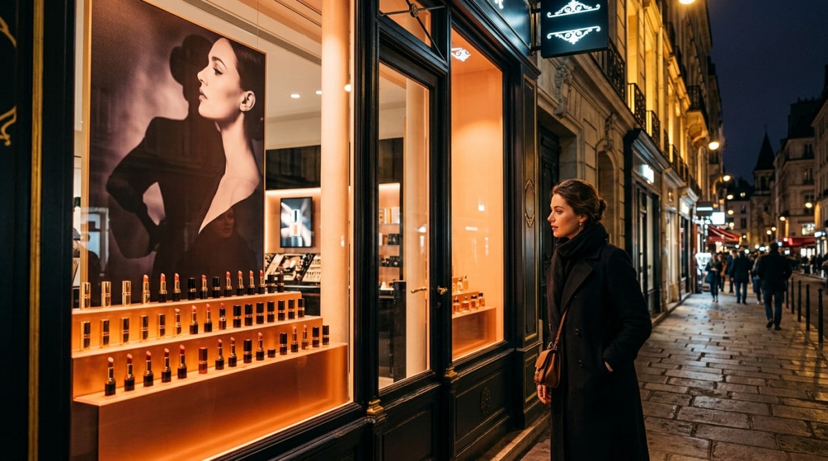 Vitrine de parfumerie avec présentoir de rouges à lèvres de luxe