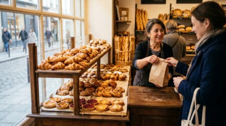 Vitrine d'une boulangerie française avec viennoiseries et pâtisseries