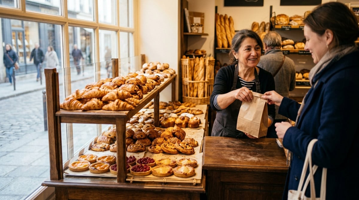 Vitrine d'une boulangerie française avec viennoiseries et pâtisseries