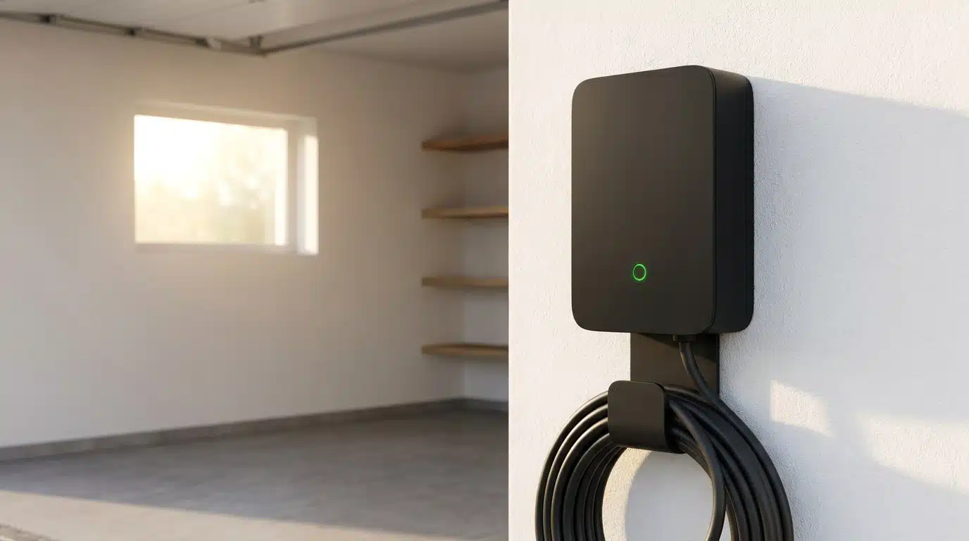 Wallbox de recharge fixée sur un mur de garage blanc