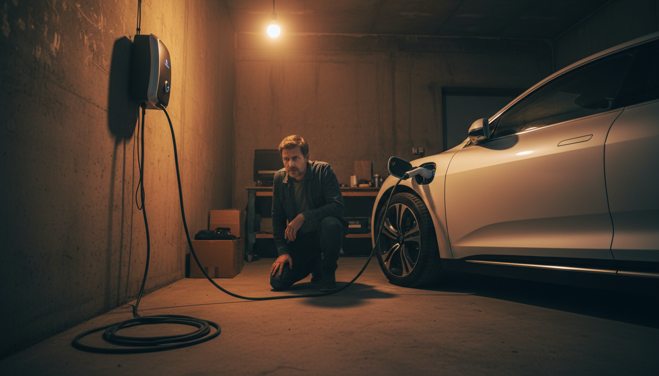 Voiture électrique branchée dans un garage domestique