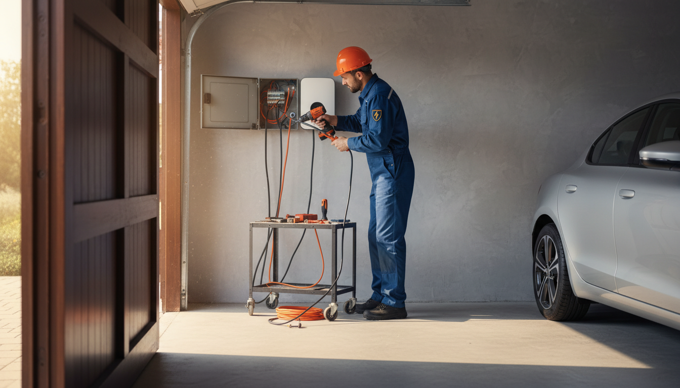 Électricien installant une borne de recharge murale