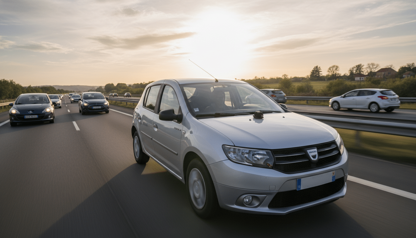 Dacia Sandero banalisée circulant sur une autoroute française