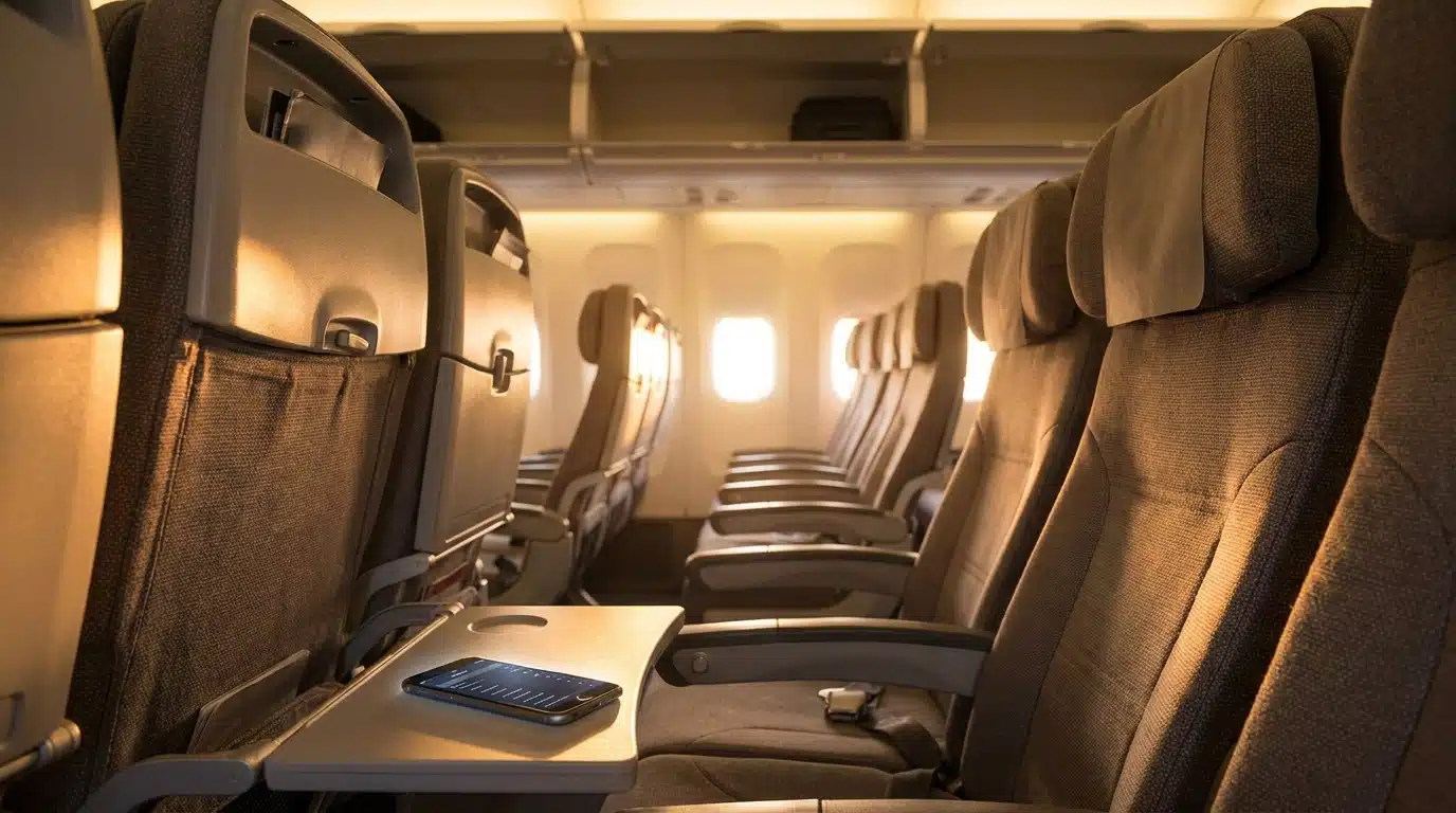 Cabine d'avion vide avec smartphone affichant des réseaux Wi-Fi