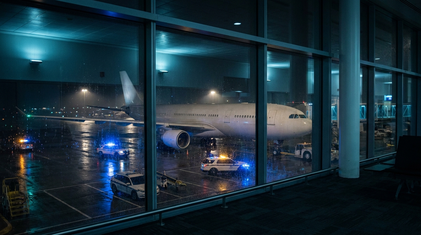 Avion immobilisé sur le tarmac entouré de véhicules de sécurité
