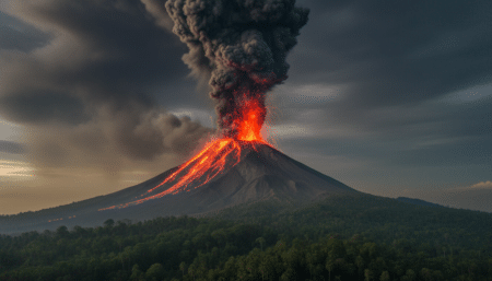 Le volcan Dukono en éruption avec panache de cendres