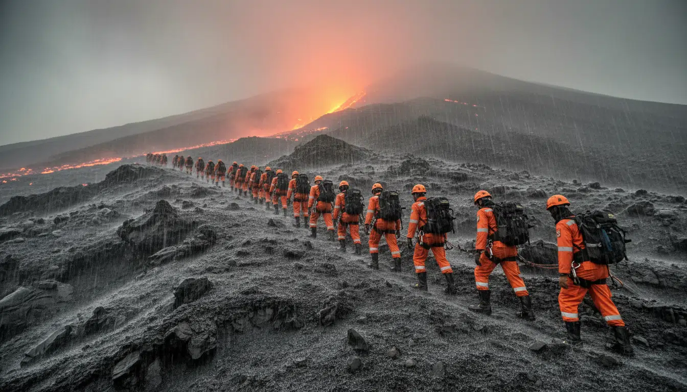 Équipe de secours indonésienne sur les pentes du volcan