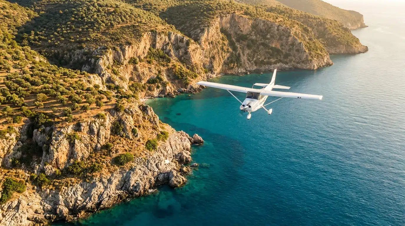 Vue aérienne d'une côte méditerranéenne turquoise avec un avion