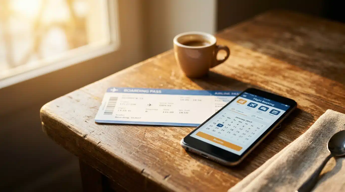 Carte d'embarquement et smartphone sur une table de café