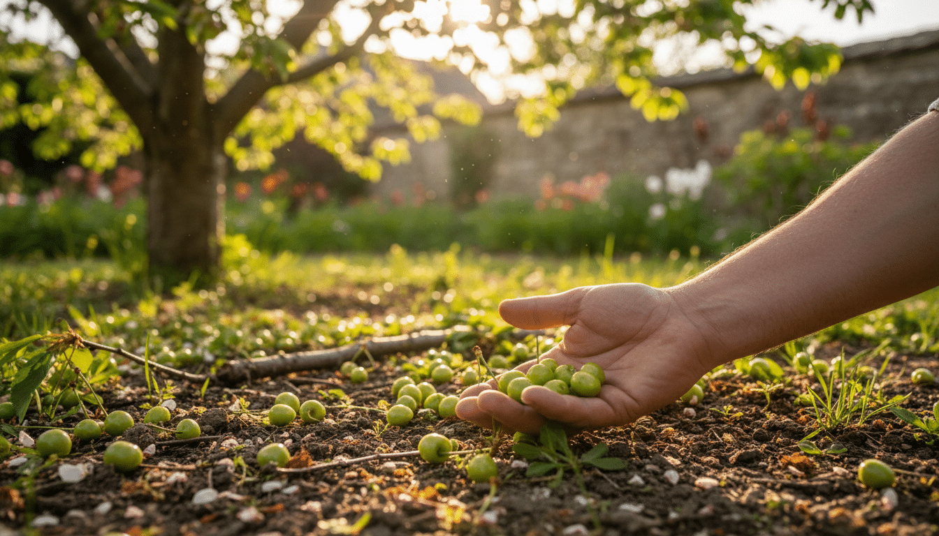 Mini-cerises vertes tombées au sol sous un cerisier