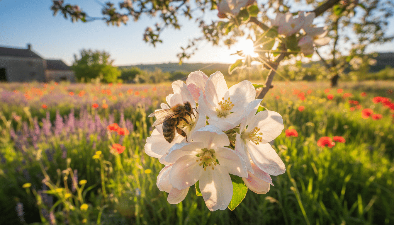 Abeille butinant une fleur de pommier au printemps