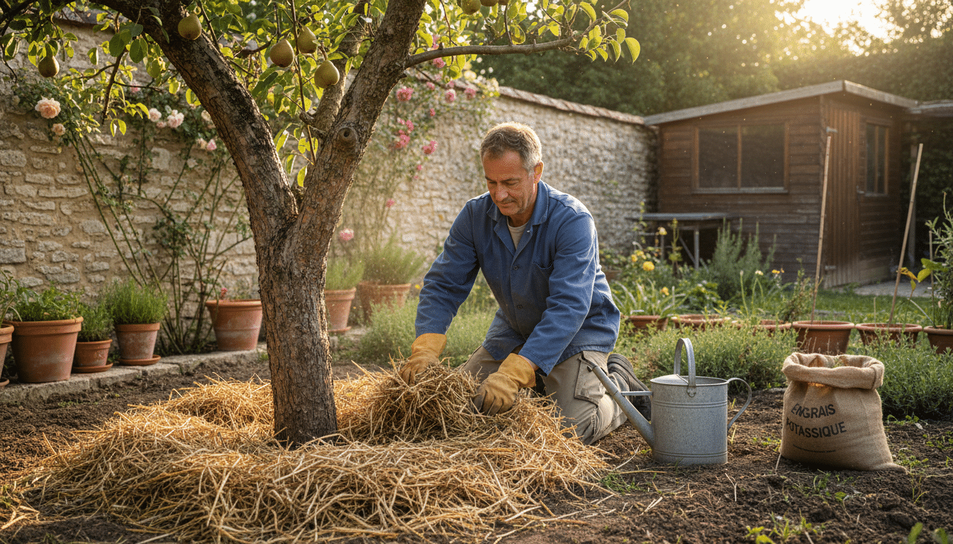 Jardinier paillant le pied d'un poirier avec de la paille